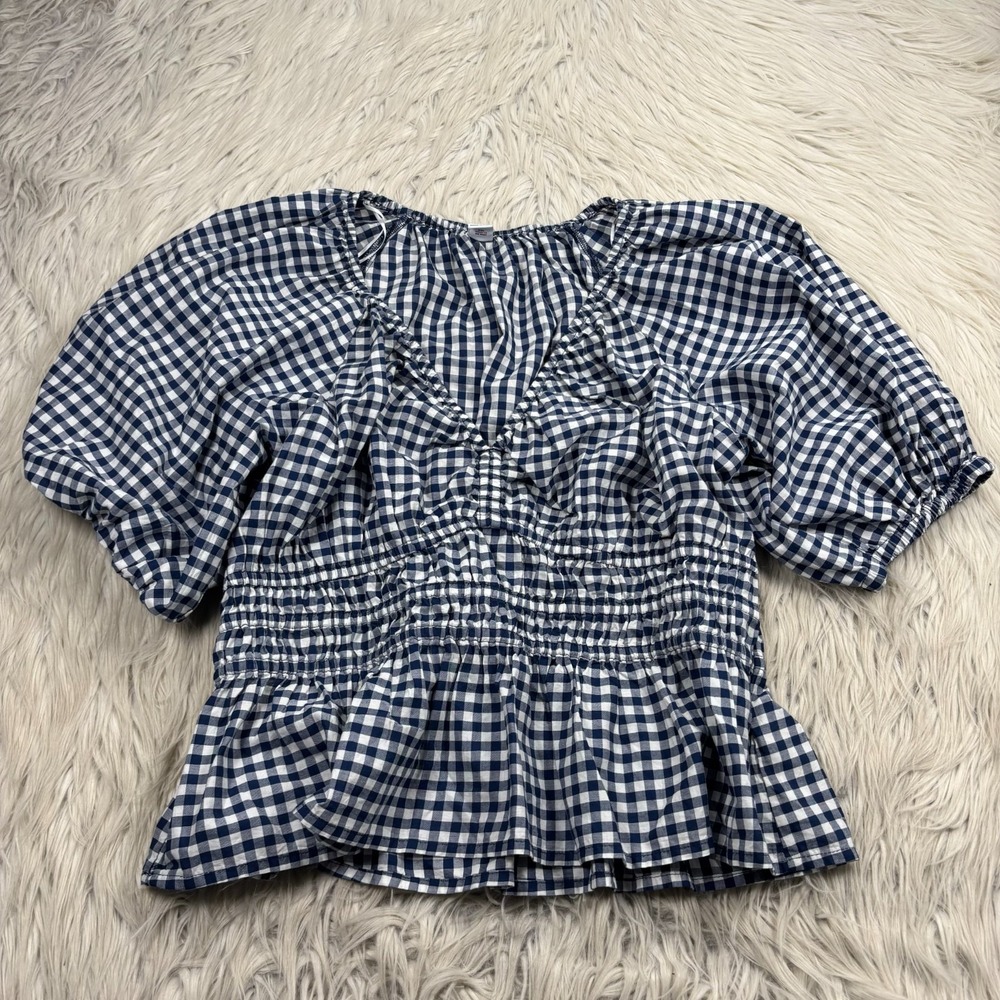 Old Navy Women's M Blue Gingham Puff Sleeve Top Milkmaid Cottagecore